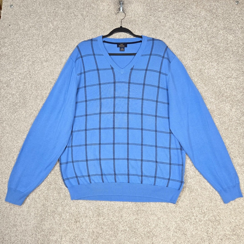 Brooks Brothers V neck Sweater Men XL Supima Cotton blue window pane lightweight